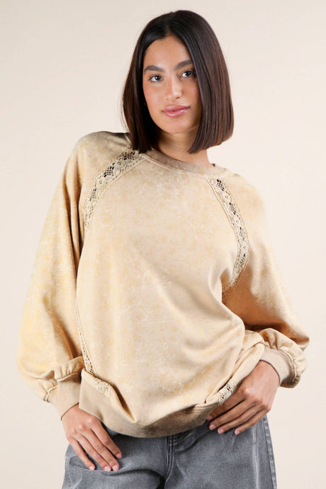 Natural Lace Trim Detail Mineral Washed Knit Top
