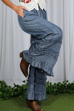 Washed Denim Flared Ruffle Hem Washed Chambray Crop Denim Pants