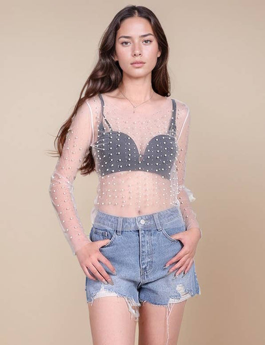White Pearl Rhinestone Studded See Through Mesh Crop Top