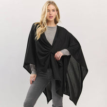 Black Asymmetrical Hem Solid Pull Through Draped Tie-Front Wrap Poncho
