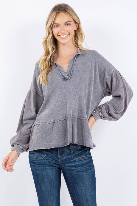 Mineral Washed BOHO Vneck top: Grey