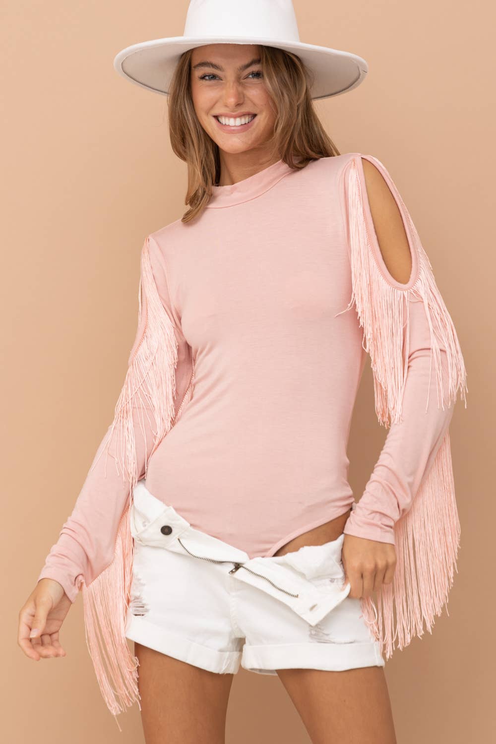 Blush Rayon Jersey Mock Neck Shoulder Fringe Bodysuit