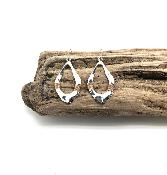Earring Alloy Plated Oblong(Silver)Gold Wire Wrap Two Tone