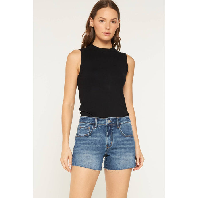 Dark Mist Blue Mid Rise Frayed Hem Mica Shorts