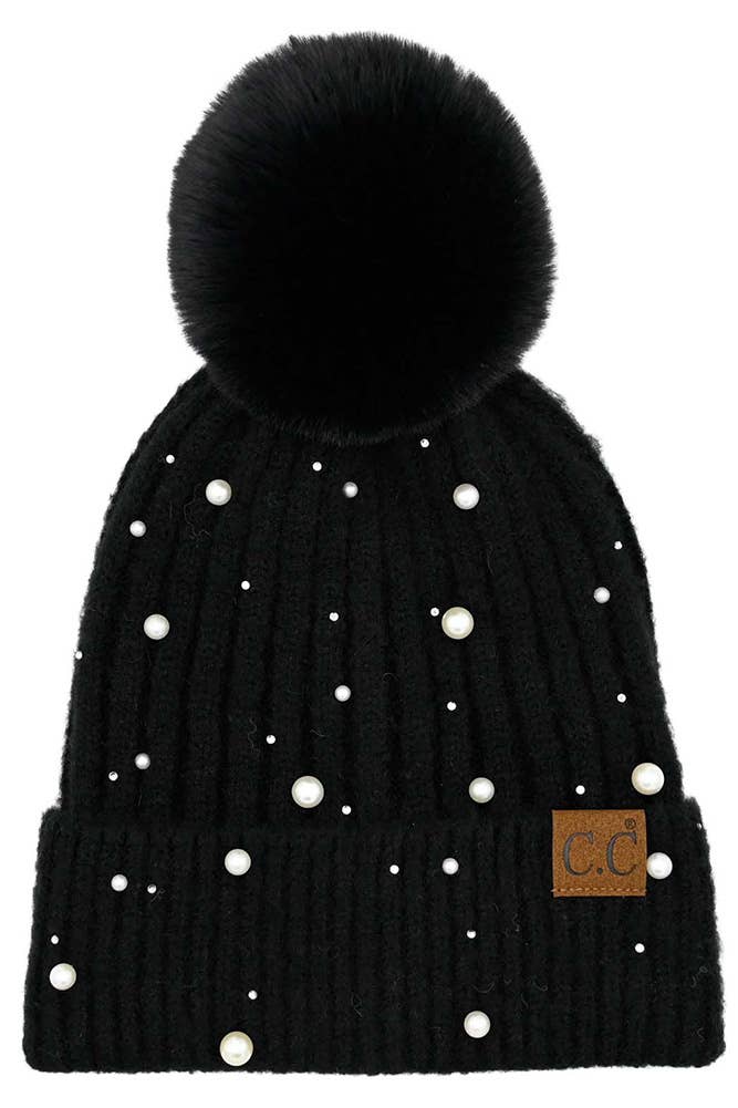 Black C.C Pearl Embellishments Pom Beanie