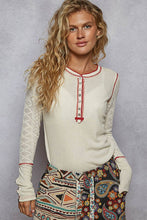 Cream Round neck solid cut and sew knit mix knit POL top