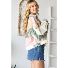 Washed Colorblock Button Down Fringe Twill Oli&Hali Jacket: Pink Combo