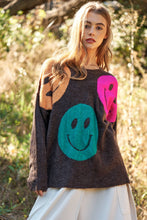 Brown Multi Smile Printed Long Sleeve Loose Fit Knit Sweater