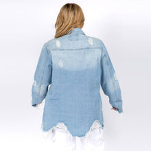 LIght Blue Plus Size Distressed Denim Shirt Style Jacket