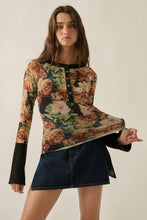 Black Floral Mesh Split-Cuff Raglan-Sleeve Henley Top