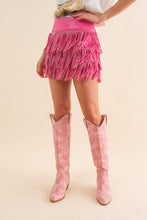 Hot Pink Wide Faux Leather Waist Tiered Fringe Studded Short