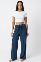 Drawstring waist wide leg minimalist pants: Washed Blue / L