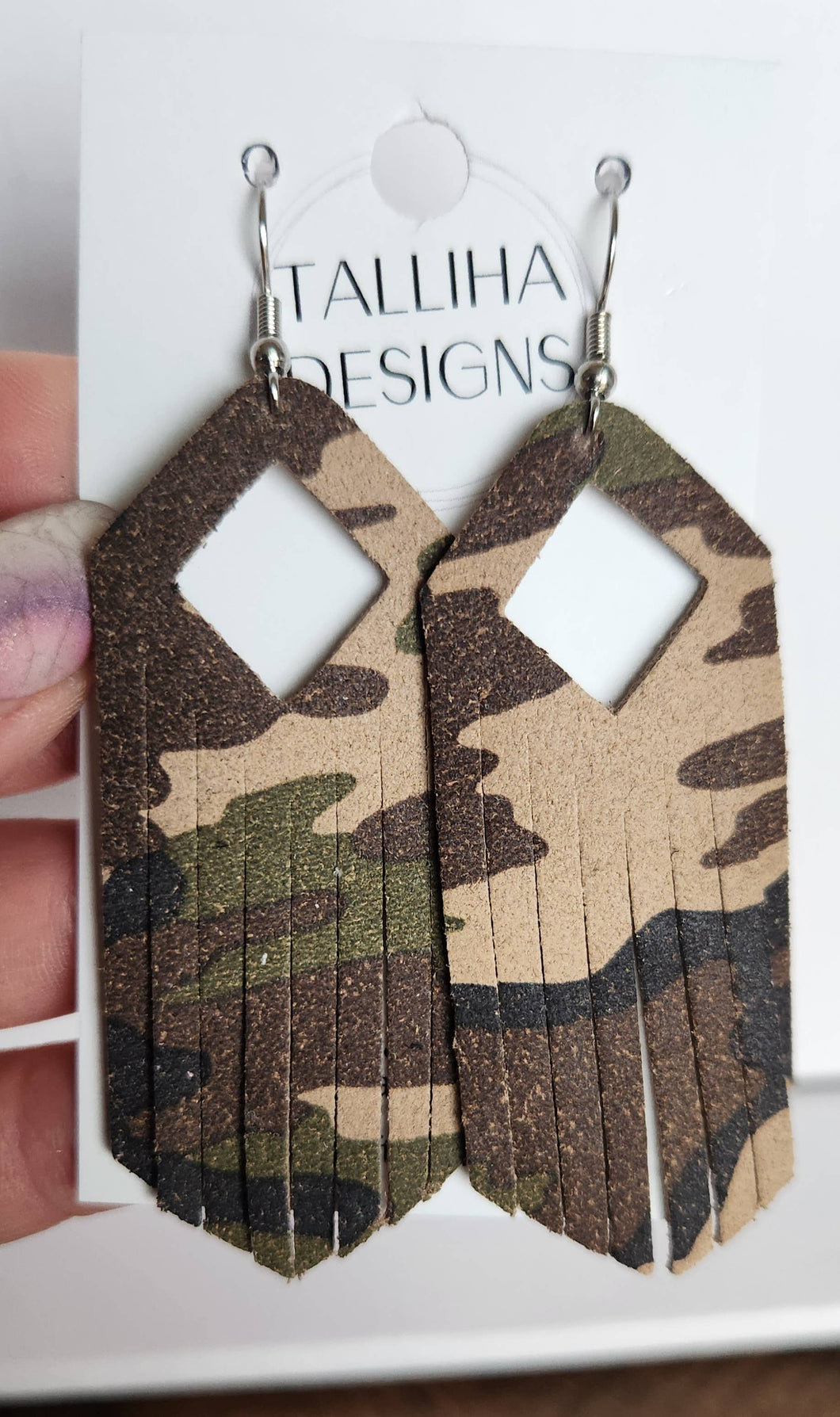 Camouflage Genuine Leather Boho Western Fringe Earrings