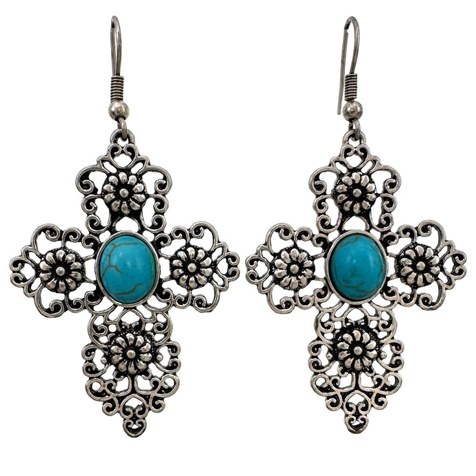 Turquoise Stone Flower Cross Earrings