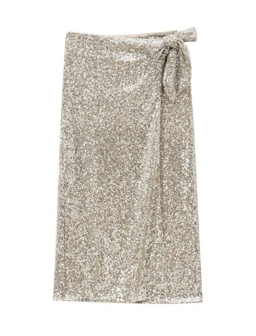 Champagne Sequin Wrap Midi Skirt with Side Tie