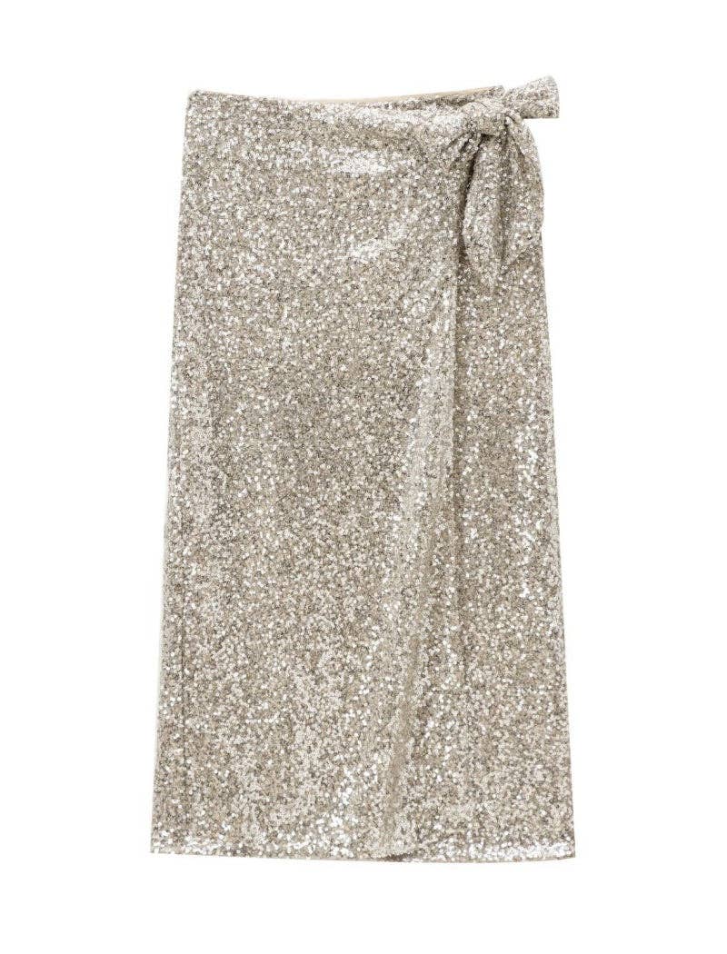 Champagne Sequin Wrap Midi Skirt with Side Tie
