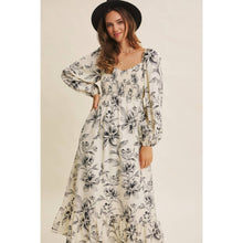 Cream Charcoal Cozy Fall Picnic Floral Smocked Maxi Dress
