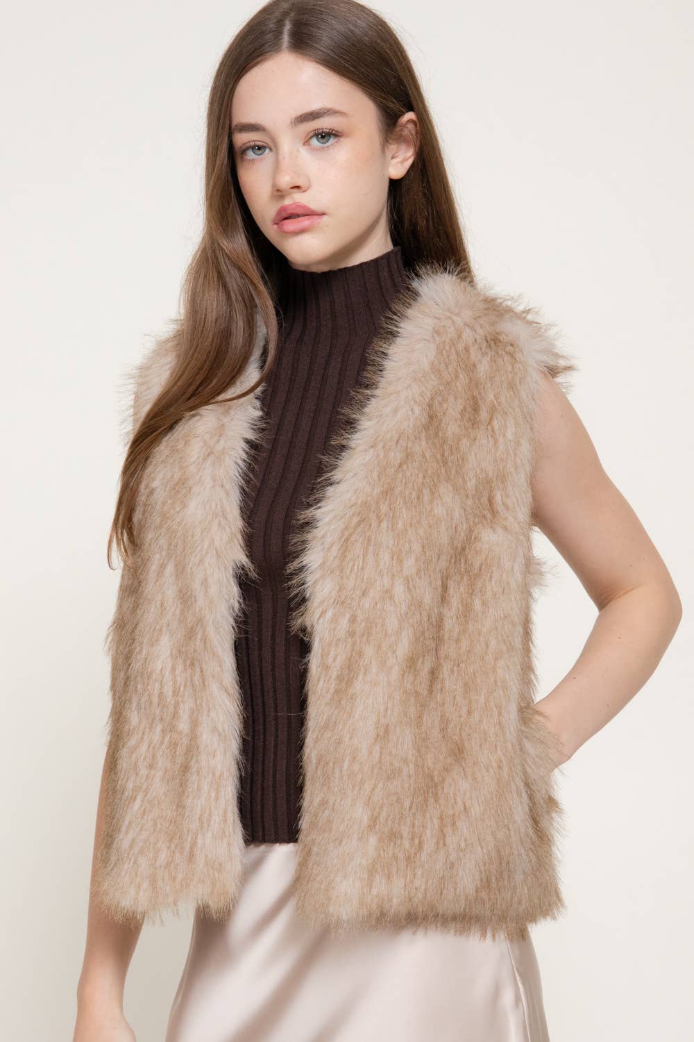 Beige V-Neck Two Tone Faux Fur Vest