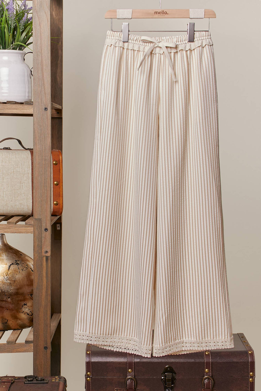 Beige Striped Wide-Leg Mello Pants with Lace Hem