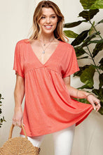 Coral Solid Soft V Neck Baby Doll Blouse