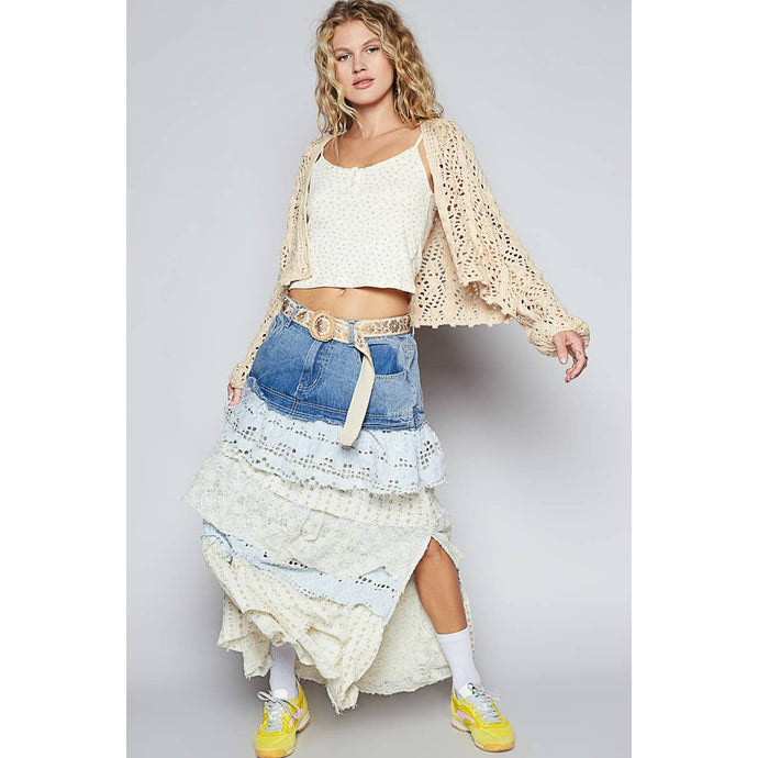Denim Multi Floral print woven ruffle POL skirt