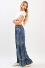 Denim Washed Chambray Tiered Wide Leg Pants