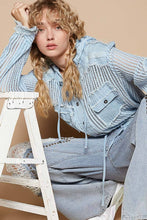 Baby Blue Multi Open knit button down pocket front hooded shirt POL top