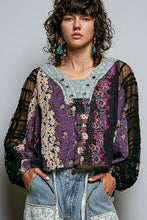 Black Long Sleeve V neck Lace Contrast Printed Woven POL Top