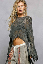 Black Round Neck Crochet Raw Edge Solid Knit Top