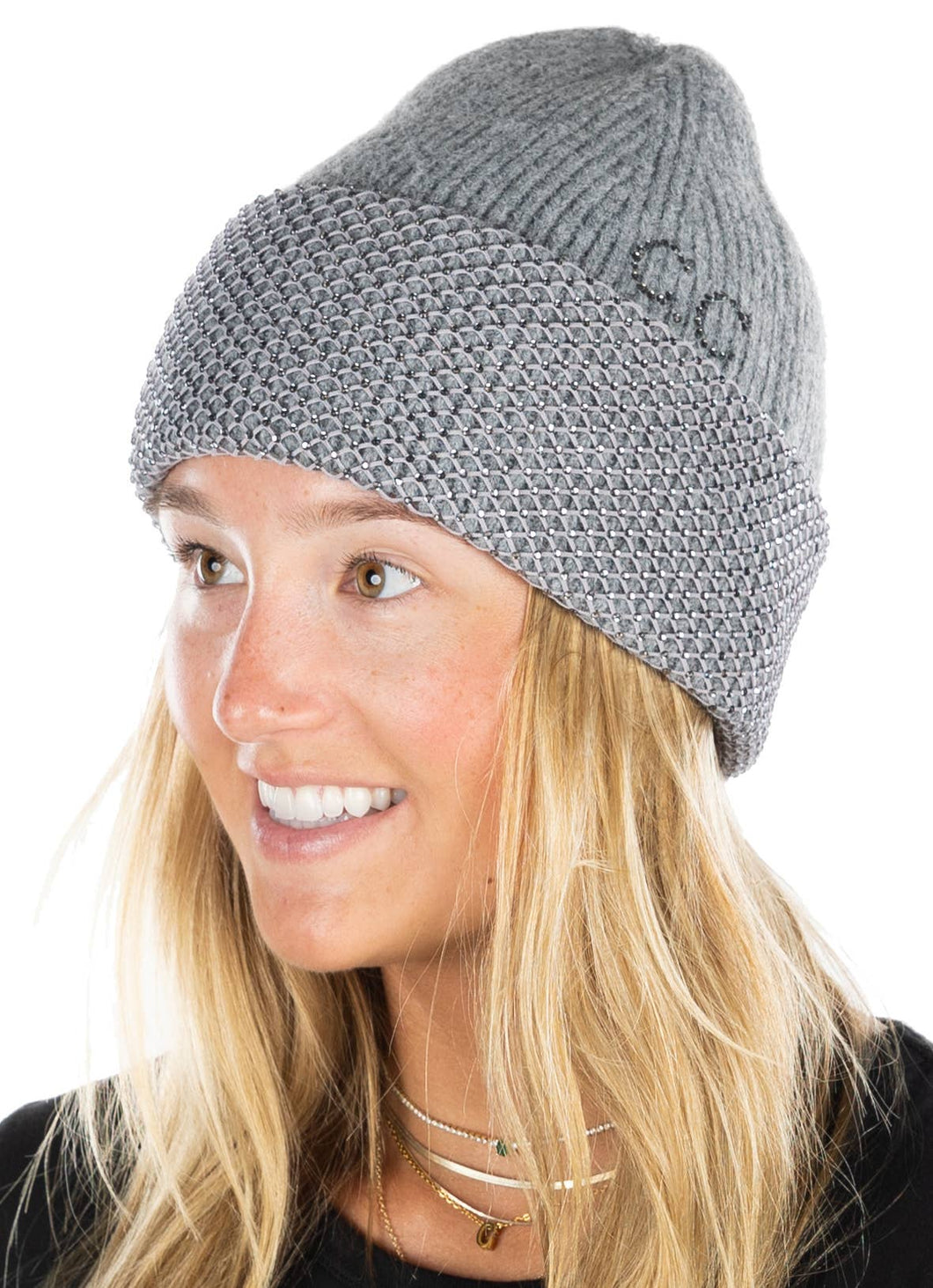 Grey Sparkle Embellished Beanie - Rhinestone Net