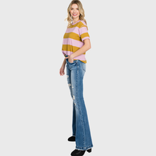 Distressed Mid Rise Stretch Flare Trouser Hem Pants