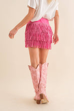 Hot Pink Wide Faux Leather Waist Tiered Fringe Studded Short