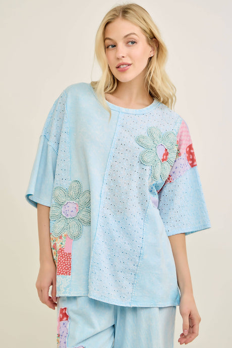 Baby Blue Mineral Washed Floral patchwork eyelet detail J.Her Blouse