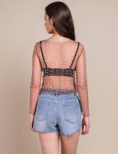Coffee Pearl Rhinestone Studded See Through Mesh Crop Top