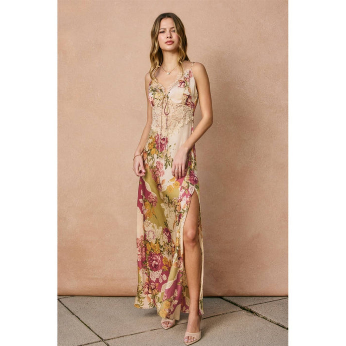 Patchwork Floral Meadow Romance Lace Detail Maxi Dress