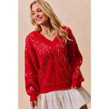 Red Christmas Sequins V Neck Sweater