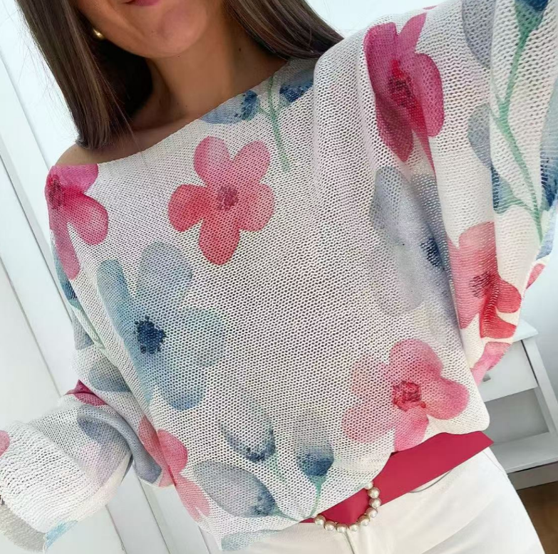 White Floral V-Neck Knit Printed Sweater