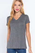 Heather Grey Short Sleeve V-neck Top with Pocket