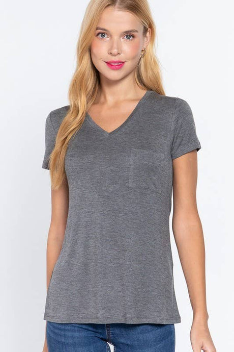 Heather Charcoal Short Sleeve V-neck Top with Pocket