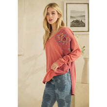 Rustic Red Washed Fabric Floral Embroidery Ruched Sleeve Oli+Hali Top