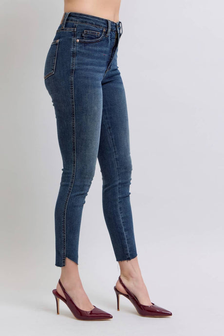 Dark High Waist Tummy Control Step Hem Skinny Judy Blue Jeans
