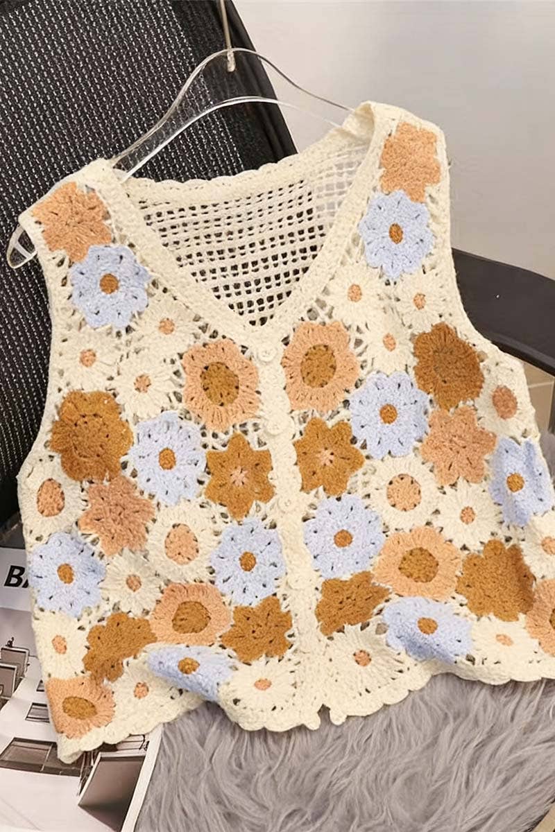 Orange Floral Pattern Crochet Sweater Vest