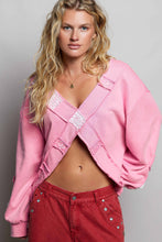 Candy Pink V-Neck Crochet Patch Cross Wrap Cropped Terry POL Top