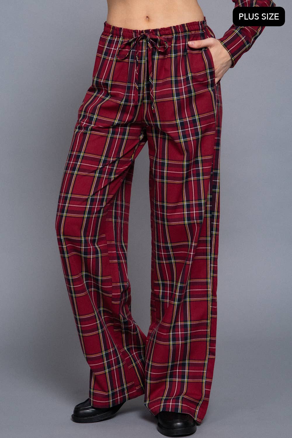 Wine Navy Wide Leg Plaid Woven Pants