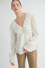 Ivory Sheer Textured V-Neck Blouse with Back Ribbon