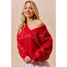 Red Christmas Sequins V Neck Sweater