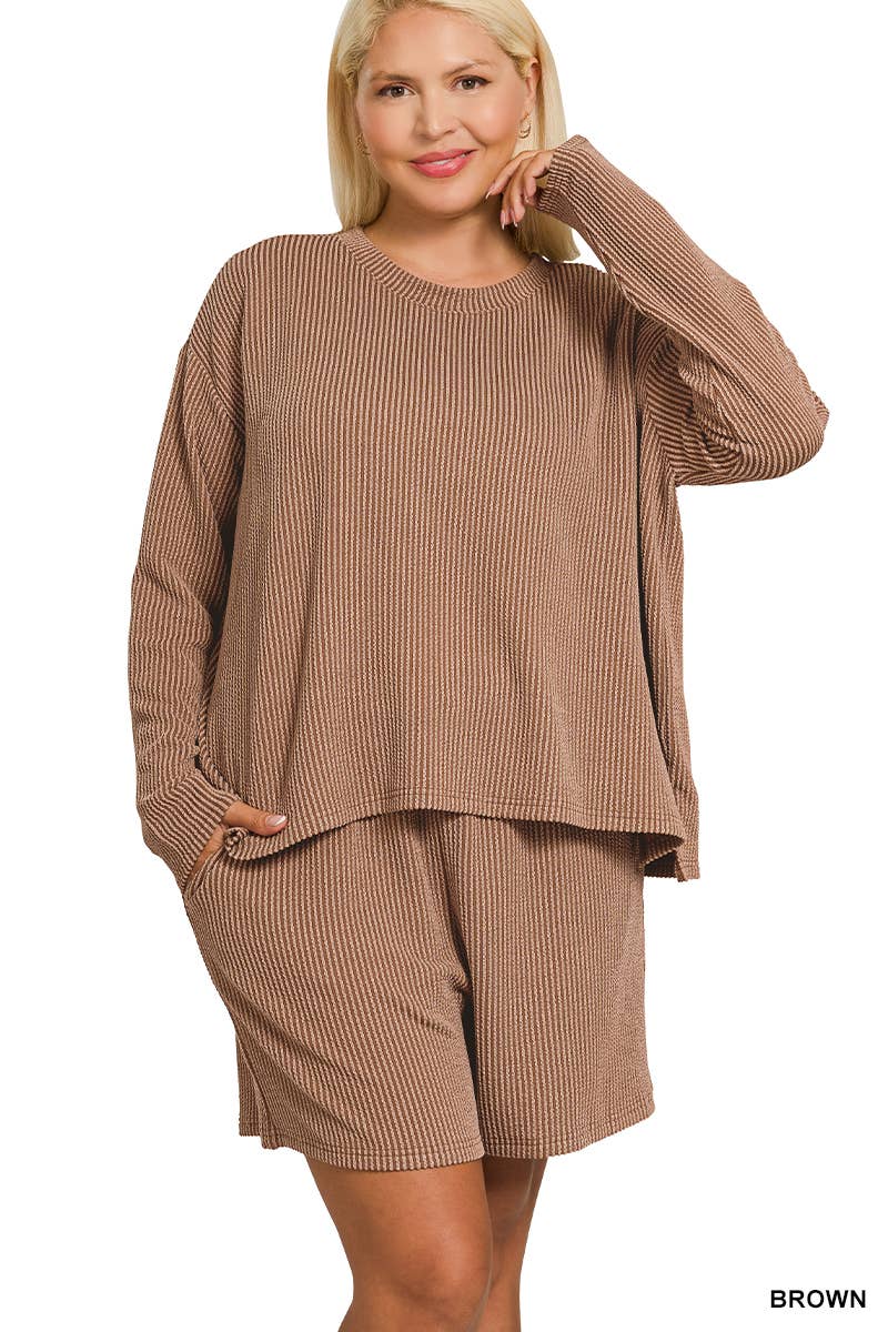 Brown Plus Raised Rib Long Sleeve Tee And Shorts Set