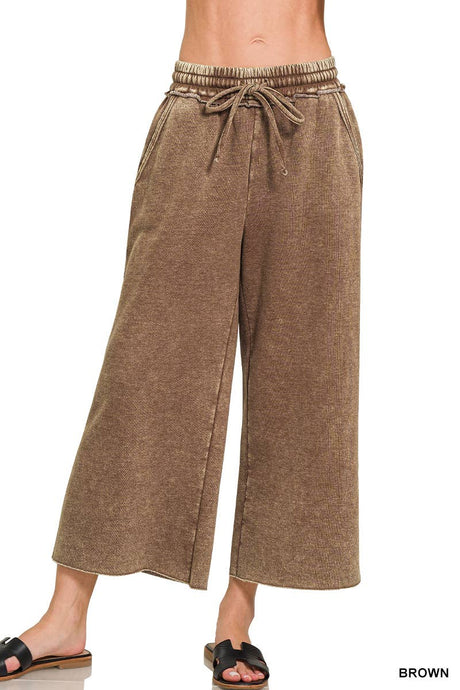 Crop Brown Acid Wash Fleece Palazzo Sweatpants With Pockets