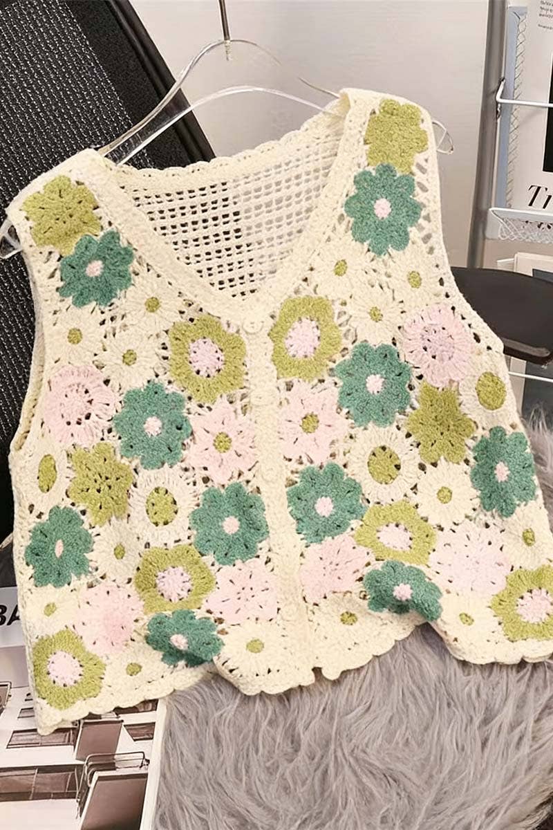 Green Floral Pattern Crochet Sweater Vest