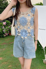 Blue Floral Crochet Sleeveless Knit Vest